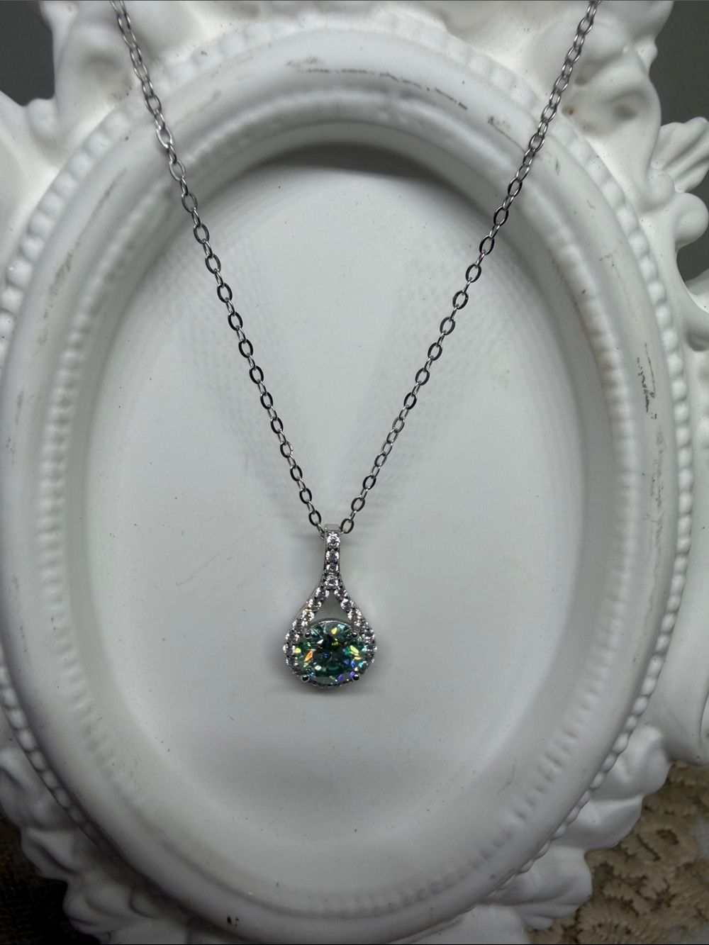 Aqua Green Moissanite 1 CT Halo Pendant 925 Sterling Silver Necklace Old Money